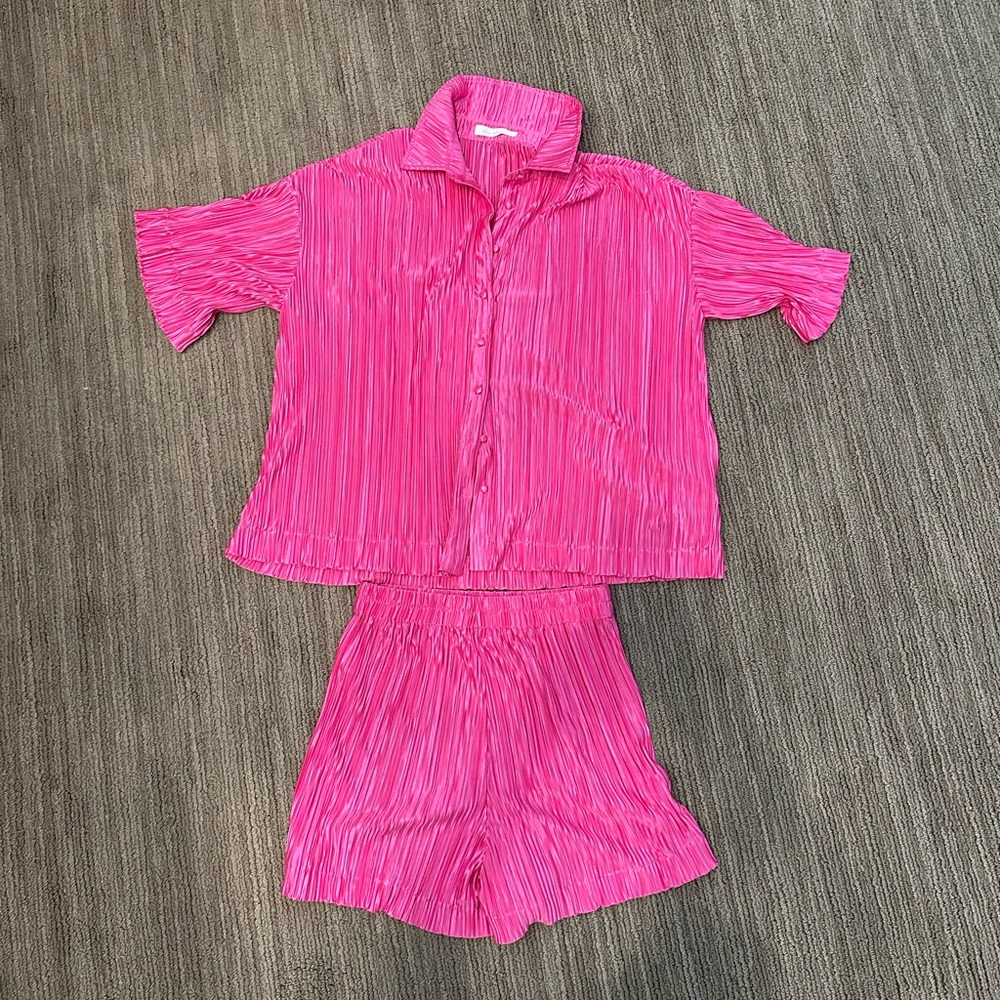Ces Femme Pink Satin Fell Matching Set